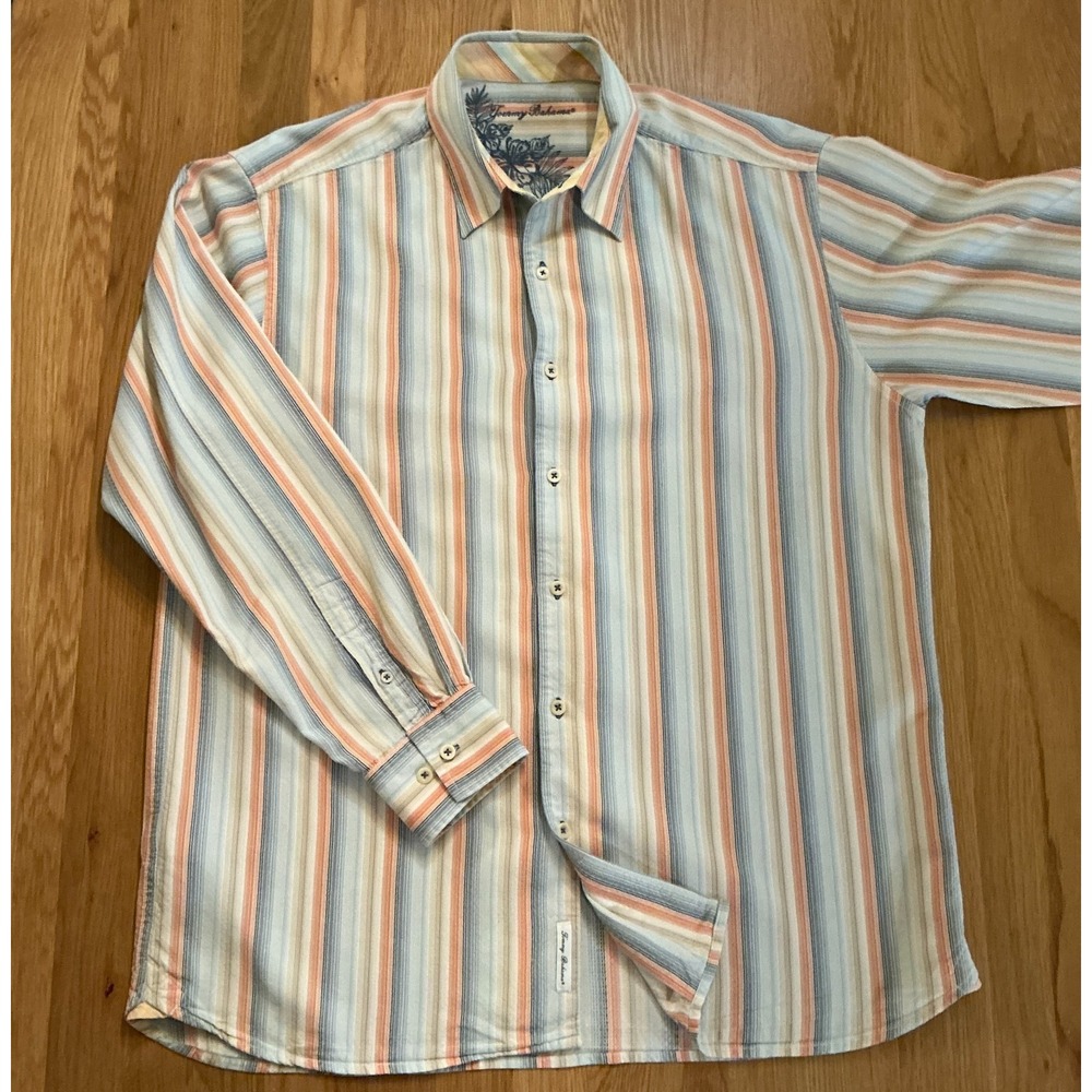 Tommy Bahama L Striped Button Front Shirt‎ Tencel Cotton Blend Relax Fit Coastal